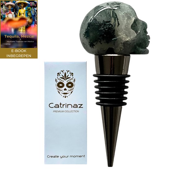 Catrinaz® - Wijnstopper - Premium flessenstop met skull in moss agate natuursteen - Luxe gift box - Uniek geschenk - Inclusief E-BOOK Tequila, Mezcal - Catrinaz