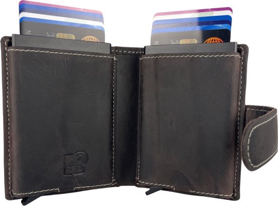Double porte-cartes de crédit - porte-pass extensible - marron foncé - RFID - poche zippée pour pièces de monnaie