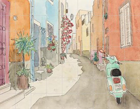 IXXI Scooter in Mediterranean Street - Wanddecoratie - Zomer - 180 x 140 cm