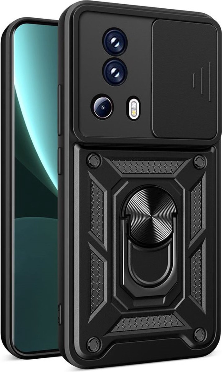 MobyDefend Hoesje - Geschikt voor Xiaomi 13 Lite - Pantsercase Met Draaibare Ring - Zwart