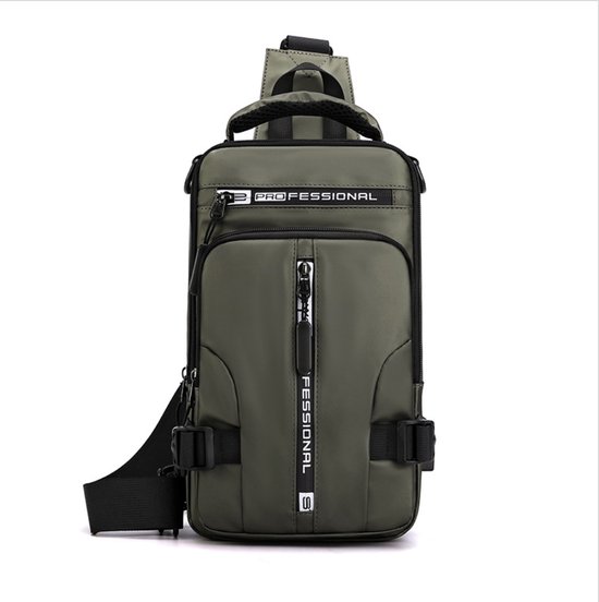 Schoudertas - Messenger bag - rugtas - legergroen - met USB-Poort - waterafstotend
