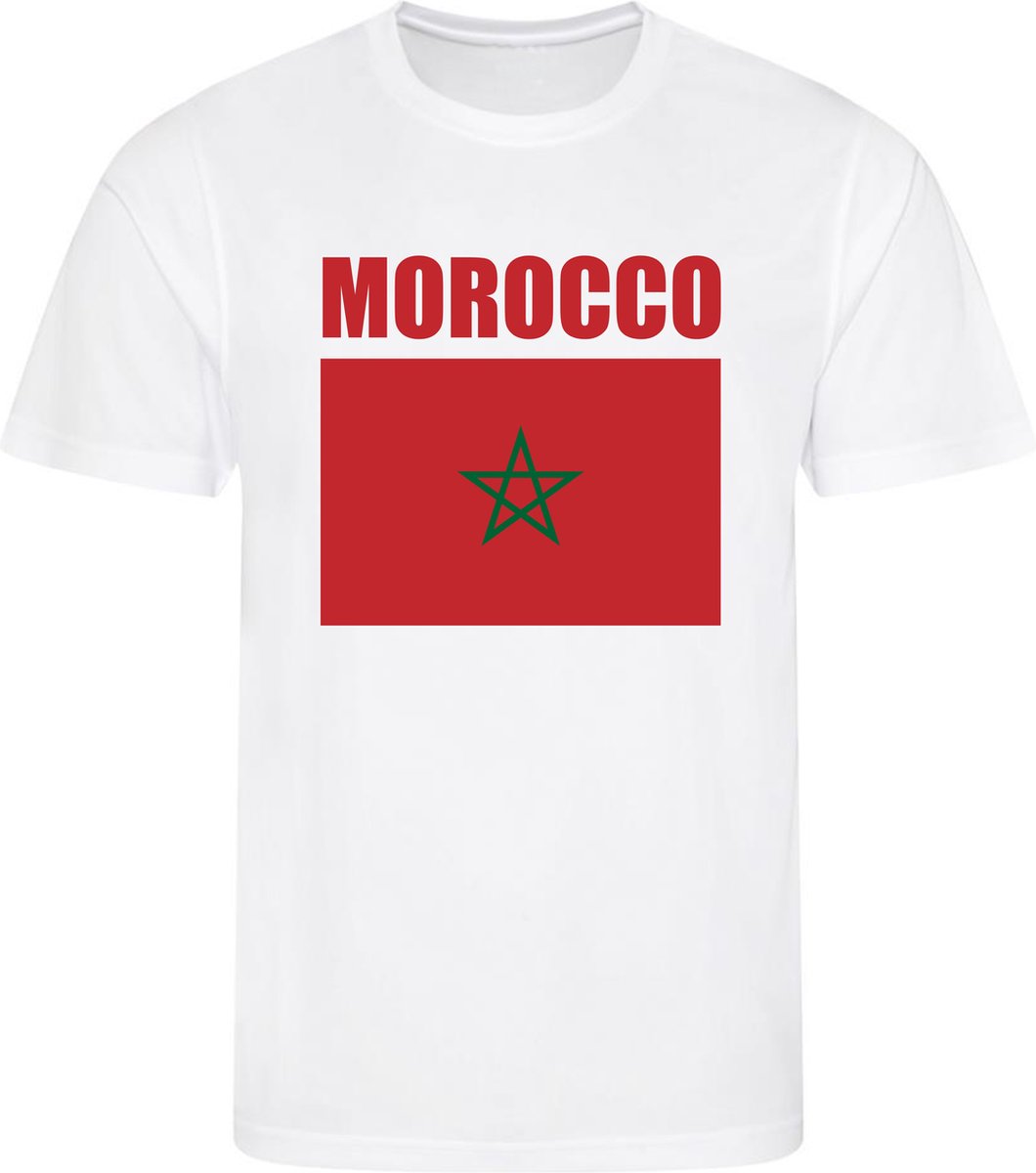 WK - Marokko - Morocco - T-shirt Wit - Voetbalshirt - Maat: 134/140 (M) - 9 - 10 jaar - Landen shirts