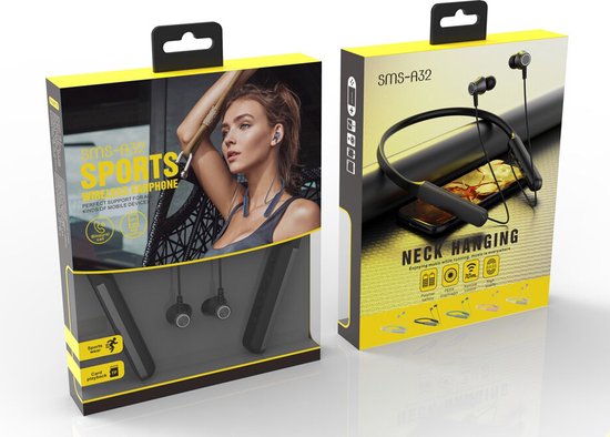 Grijze draadloze oordopjes met nekband, gedragen door een vrouw, met "SPORTS WIREARPHONE" op de verpakking.