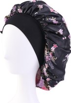 Ebony Black Red Sleep Night Cap with Floral Print - Wide Band Satin Bonnet.