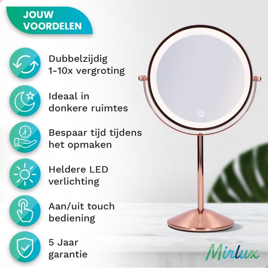 Rosegouden spiegel met LED-verlichting, 1-10x vergroting, touch bediening en 5 jaar garantie.