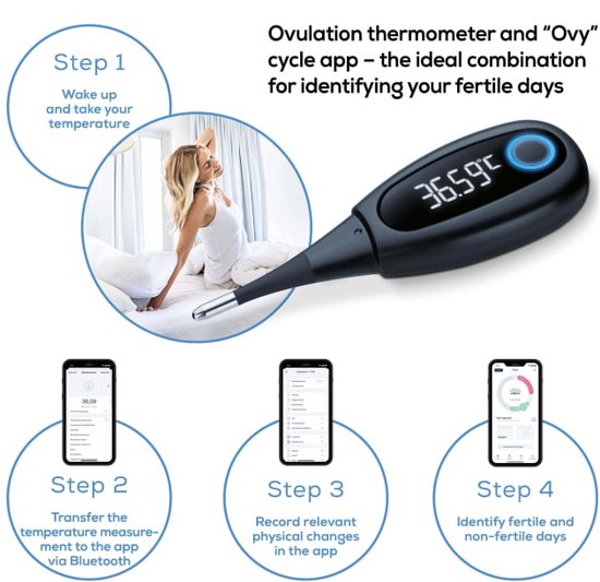 Beurer OT 30 Bluetooth® Ovulatiethermometer – Beurer Ovy app – Oraal en vaginaal – 30 Geheugenplaatsen – Automatische uitschakeling – Akoestisch eindsignaal – Flexibele punt – 5 Jaar garantie - Beurer