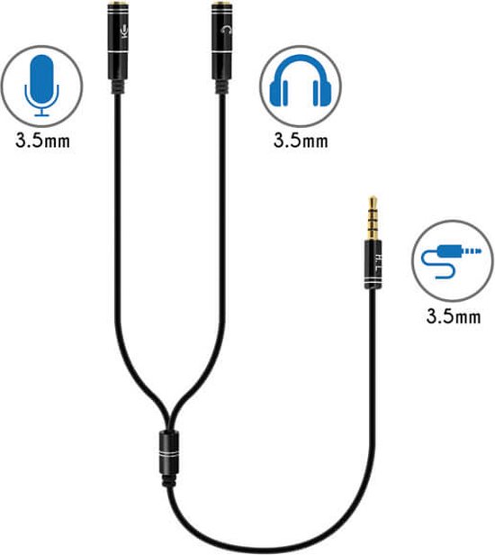 Audio splitter jack 3,5 mm naar Mircofoon en Headset Compact 30 cm Zwart
