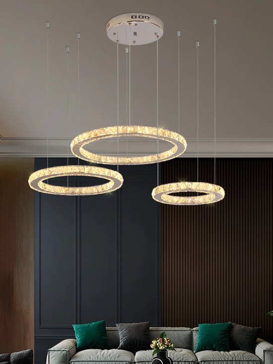 CXGLEAMING Moderne kroonluchter, kristallen plafondverlichting, doe-het-zelf, 3-ringen, kristallen hanglamp, in hoogte verstelbaar, rond, hanglamp voor slaapkamer, woonkamer, keuken (wit licht CXGLEAMING Moderne kroonluchter, kristallen plafondverlichting, doe-het-zelf, 3-ringen, kristallen hanglamp, in hoogte verstelbaar, rond, hanglamp voor slaapkamer, woonkamer, keuken (wit licht