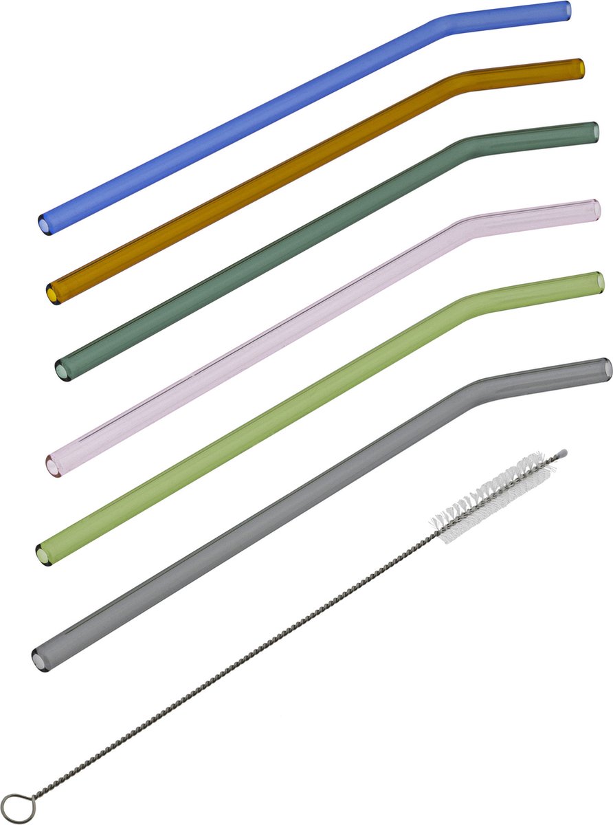 HI rietjes gebogen - set 6x - glas - met rager - gekleurd - 23 cm