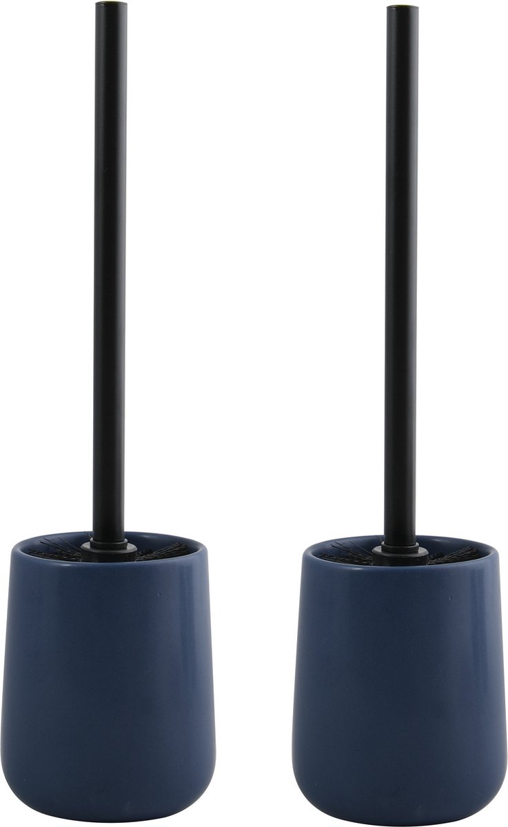 MSV Toiletborstel in houder/wc - 2x - borstel Malmo - keramiek/rvs - donkerblauw/zwart - 39 x 10 cm