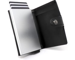 Portemonnee - Slimme Minimalistische Kaarthouders - RFID/NFC Blokkerende Pop-up Portemonnees met Geschenkdoos - Creditcardhouder en Contactloze Bescherming (Zilver met Zwart Leer en Ritsvak)
