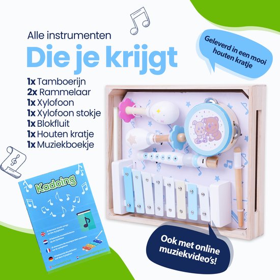Contenu du set de musique en bois 'Kadoing' dans une caisse : tambourin, maracas, xylophone, baguette, flûte, caisse et livret.