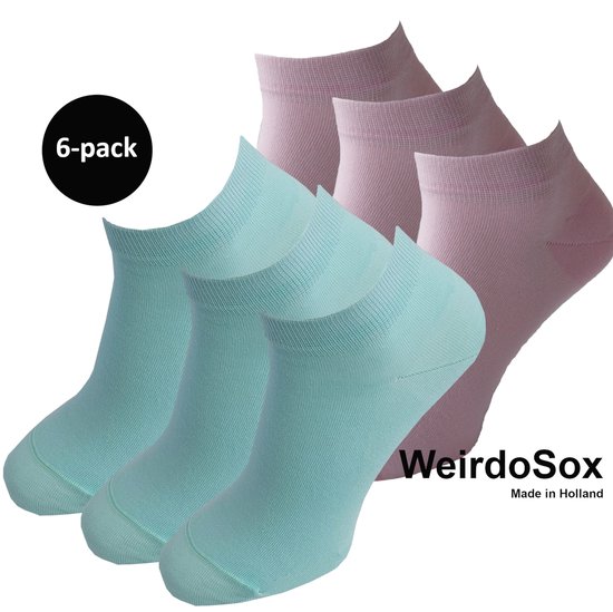 WeirdoSox Bamboe naadloze sneaker sokken Mintgroen / zacht Roze - Anti zweet - Anti bacterieel - Dames en heren - 6 Paar - Maat 39/42