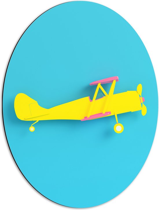 Dibond Ovaal - Zijaanzicht van Felgeel Zweefvliegtuig met Roze Details tegen Blauwe Achtergrond - 51x68 cm Foto op Ovaal (Met Ophangsysteem)