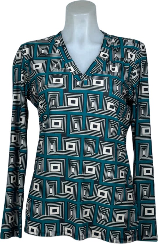 Angelle Milan – Travelkleding voor dames – Zeegroene patronen blouse – Ademend – Kreukvrij – Duurzame Jurk - In 5 maten - Maat XL