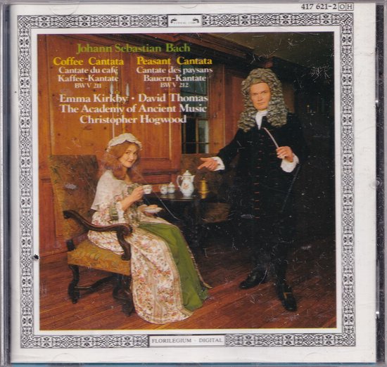 Cover Bach: Coffee Cantata, Peasant Cantata. Vrouw in 18e-eeuwse kledij zit, man met pruik staat.