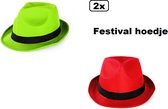 2x Festival hoed combi rood en neon groen mt.59 - Stro -Hoofddeksel hoed festival thema feest feest party