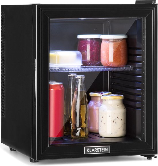 Klarstein Brooklyn 32 Minibar Mini Koelkast - Thermo-elektrisch koelsysteem - 32 liter inhoud - 3 standen koeling: tot 12 °C - Energie-efficiëntieklasse F - 23 dB - Flexibel kunststof plateau - LED licht - Panoramadeur van glas - Zwart