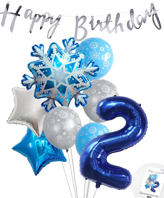 Cijferballon 2 Blauw - Frozen - Ijssterren - Ballonnen Pluspakket - Slinger Feestvieren - Verjaardag Snoes