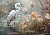 Vliesbehang - Fotobehang - Vogel - Bloemen - Natuur - Kunst - Rivier - Water - Vogels - 104x152 cm (Hoogte x Lengte)