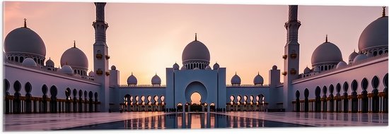 Acrylglas - Zon Zakkend achter Sjeik Zayed Moskee in Abu Dhabi, Verenigde Arabische Emiraten - 120x40 cm Foto op Acrylglas (Wanddecoratie op Acrylaat)