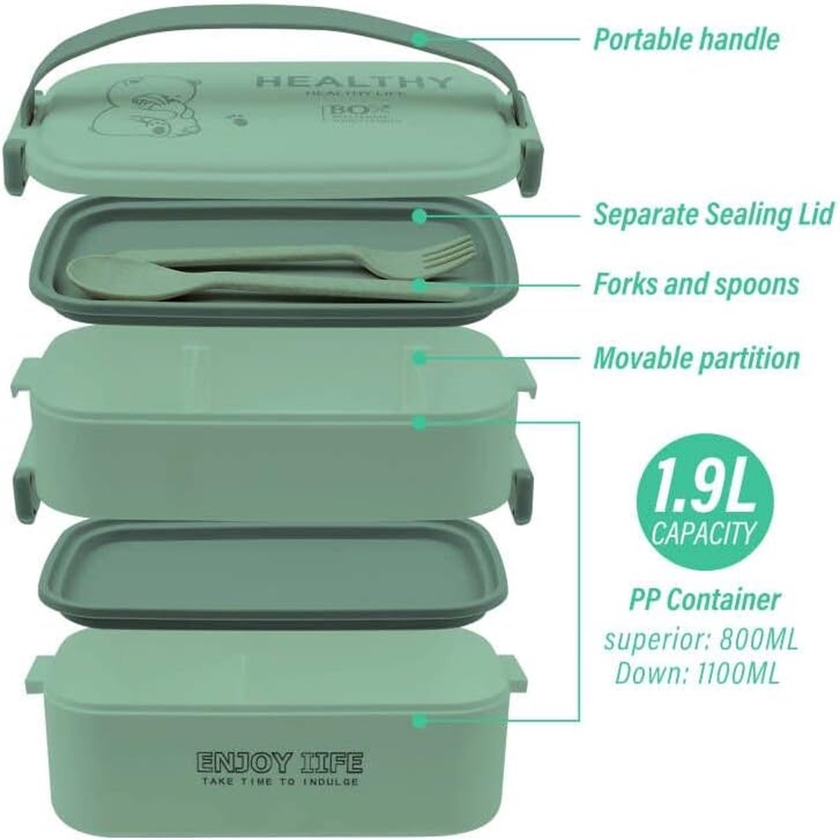 Boîte à Lunch Inox 1900ml OCPO - 3 Compartiments + Cuillère, Anti-Fuite, Lavable Lave-Vaisselle - Idéale Bureau, École, Pique-Nique