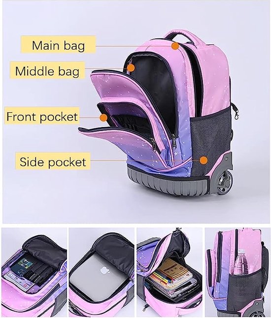 Cartable à Roulettes Fille Garçon ANSIEDIO - Sac Trolley École Primaire/Collège 6 Roues + Amovible
