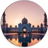 Dibond Muurcirkel - Zon Zakkend achter Sjeik Zayed Moskee in Abu Dhabi, Verenigde Arabische Emiraten - 30x30 cm Foto op Aluminium Muurcirkel (met ophangsysteem)