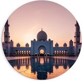 Dibond Muurcirkel - Zon Zakkend achter Sjeik Zayed Moskee in Abu Dhabi, Verenigde Arabische Emiraten - 90x90 cm Foto op Aluminium Muurcirkel (met ophangsysteem)