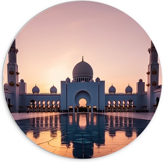 PVC Schuimplaat Muurcirkel - Zon Zakkend achter Sjeik Zayed Moskee in Abu Dhabi, Verenigde Arabische Emiraten - 70x70 cm Foto op Muurcirkel (met ophangsysteem)