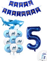 Cijferballon 5 Blauw - Haai - Shark - Ballonnen Pluspakket - Slinger Feestvieren - Verjaardag Snoes