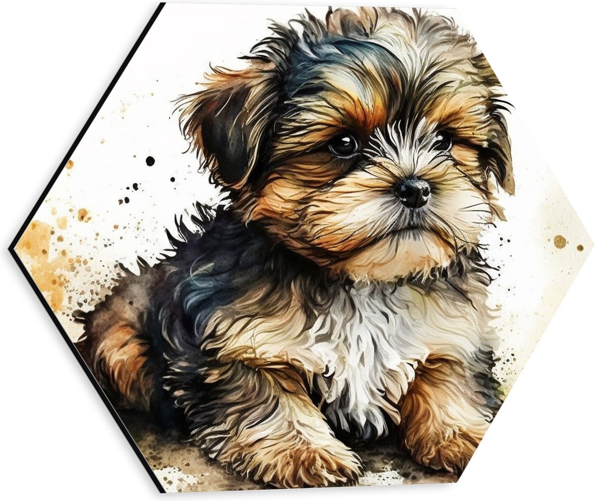 Dibond Hexagon - Waterverf Tekening van Bruin met Zwarte Puppy - 30x26.1 cm Foto op Hexagon (Met Ophangsysteem)