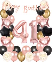Snoes Ballonnen 41 Jaar Set Mega Rose Black Zwart Ballonen set - Compleet Feestpakket Cijferballon 41 Jaar - Verjaardag Versiering Slinger Happy Birthday – Folieballon – Latex Ballonnen - Helium Ballonnen