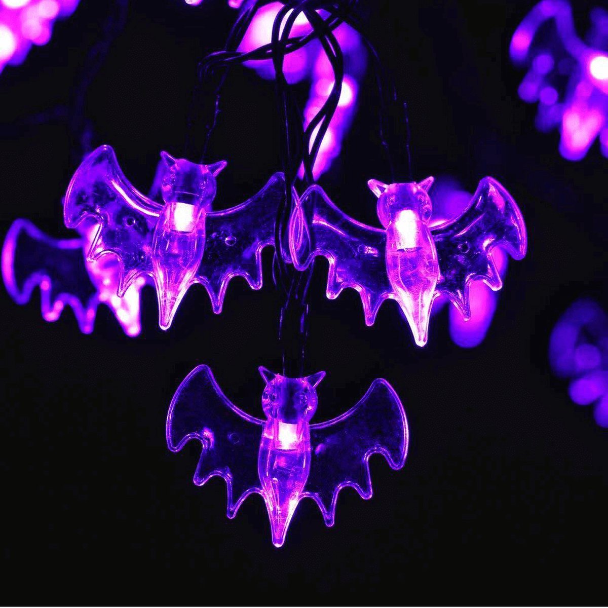 Solar halloween lichtsnoer buiten 'Vleermuis' - Halloween lichtslinger vleermuis - Feestverlichting met 50 paarse leds - Halloweenverlichting - Tuinverlichting op zonne-energie