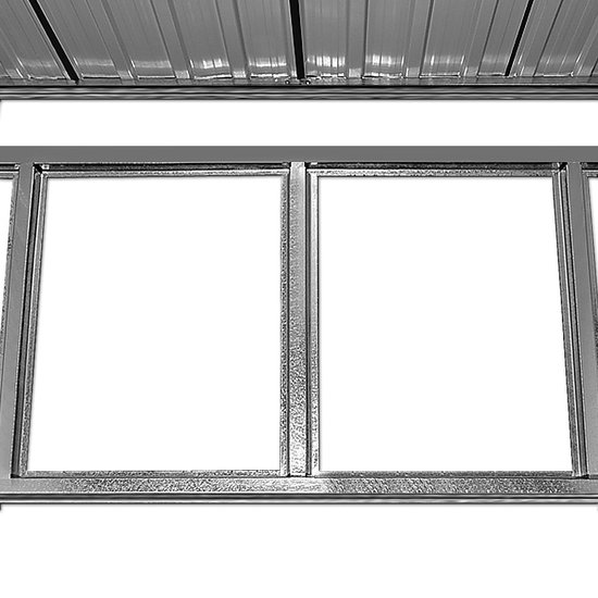 Gedetailleerde weergave van de twee grote, witte, lege vierkante panelen aan de binnenkant van een metalen tuinhuis.
