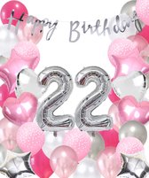 Snoes Ballonnen 22 Jaar Pink Blush Silver Mega Ballon - Compleet Feestpakket 22 Jaar - Verjaardag Versiering Slinger Happy Birthday – Folieballon – Latex Ballonnen - Helium Ballonnen - Zilver en Roze Verjaardag Decoratie