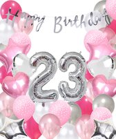 Snoes Ballonnen 23 Jaar Pink Blush Silver Mega Ballon - Compleet Feestpakket 23 Jaar - Verjaardag Versiering Slinger Happy Birthday – Folieballon – Latex Ballonnen - Helium Ballonnen - Zilver en Roze Verjaardag Decoratie