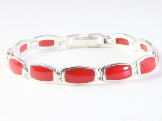 Hoogglans zilveren armband met rode koraal steen