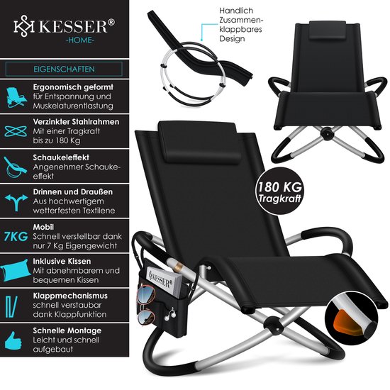 Chaise Longue Pliante à Bascule KESSER Anthracite – Transat Jardin Avec Housse + Sac – 180 Kg Max