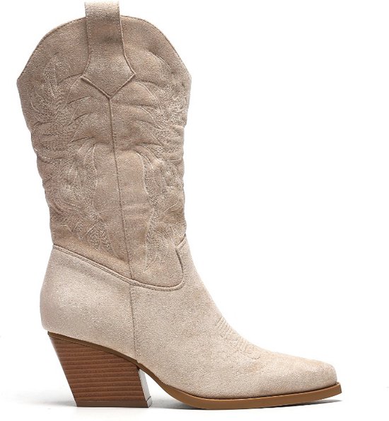 SmileFavorites® Bottes de cow-boy Western pour femmes - Daim - Beige - Taille 40