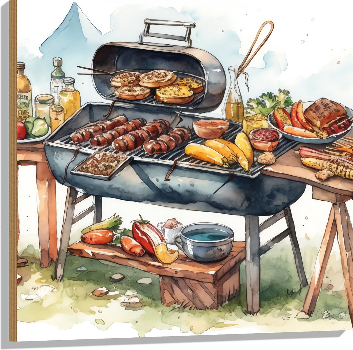 Hout - Tekening met Barbecue met Eten - 80x80 cm - 9 mm dik - Foto op Hout (Met Ophangsyst