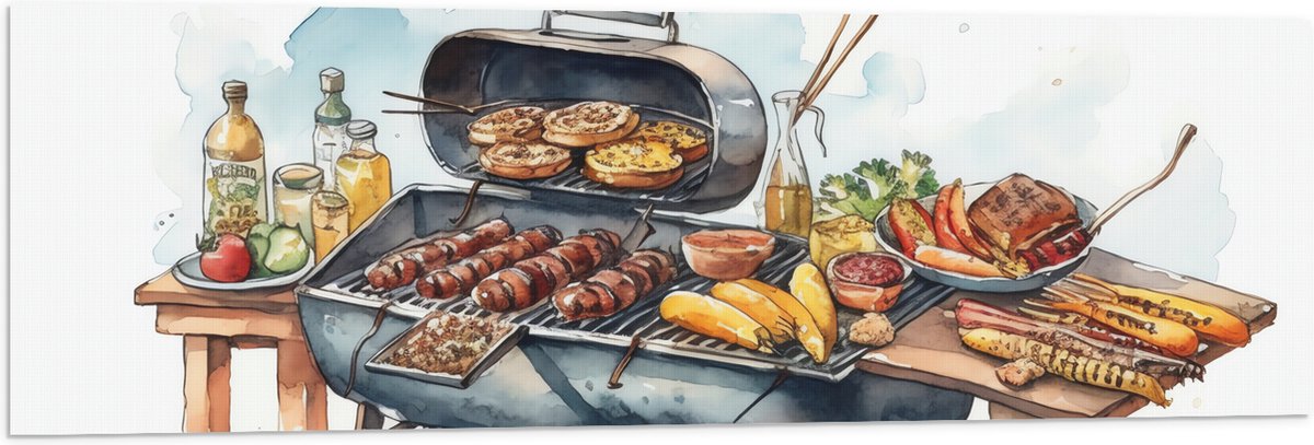 Vlag - Tekening met Barbecue met Eten - 120x40 cm Foto op Polyester Vlag