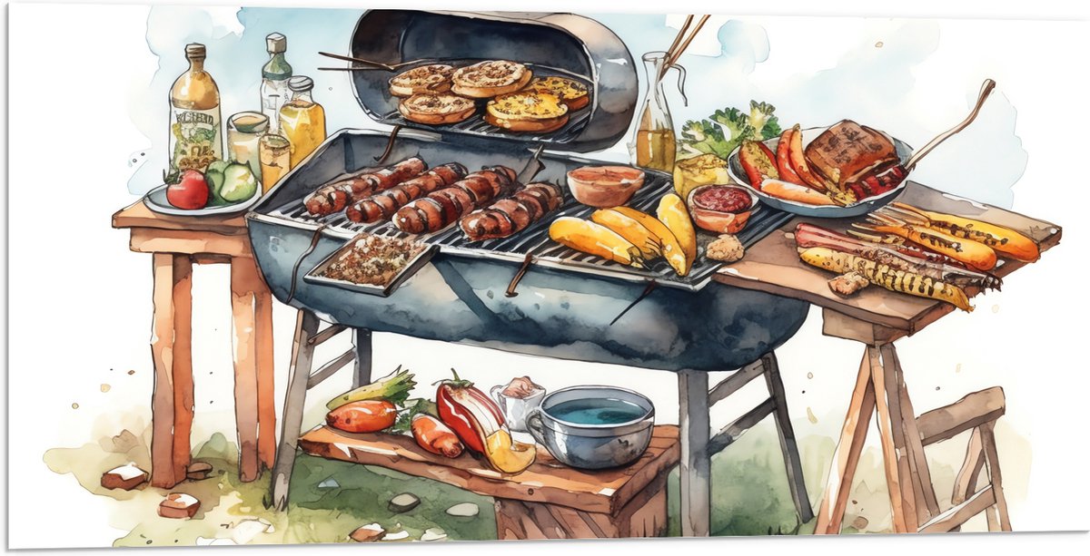 Acrylglas - Tekening met Barbecue met Eten - 100x50 cm Foto op Acrylglas (Met Ophangsystee