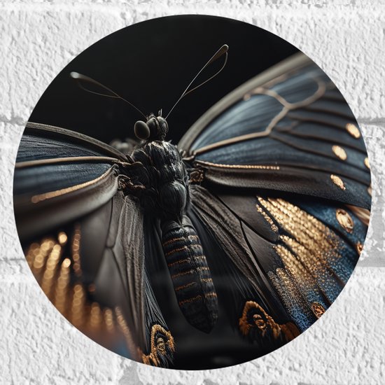 Muursticker Cirkel - Vlinder met Zwarte Vleugels met Gouden Details - 20x20 cm Foto op Muursticker