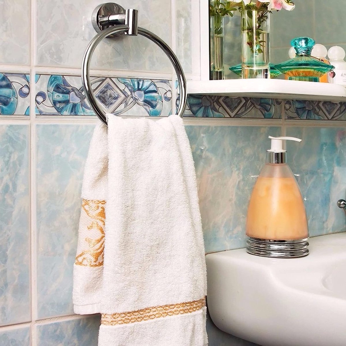 Handdoekring roestvrij staal ronde handdoekringen wandmontage handdoekhouder voor keuken en badkamer met bevestigingsaccessoires (zilver)
