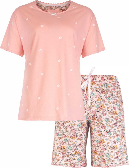 Tenderness - Dames Shortama Pyjama Set - Bloemenprint - 100% Katoen - Licht Roze - Maat XL