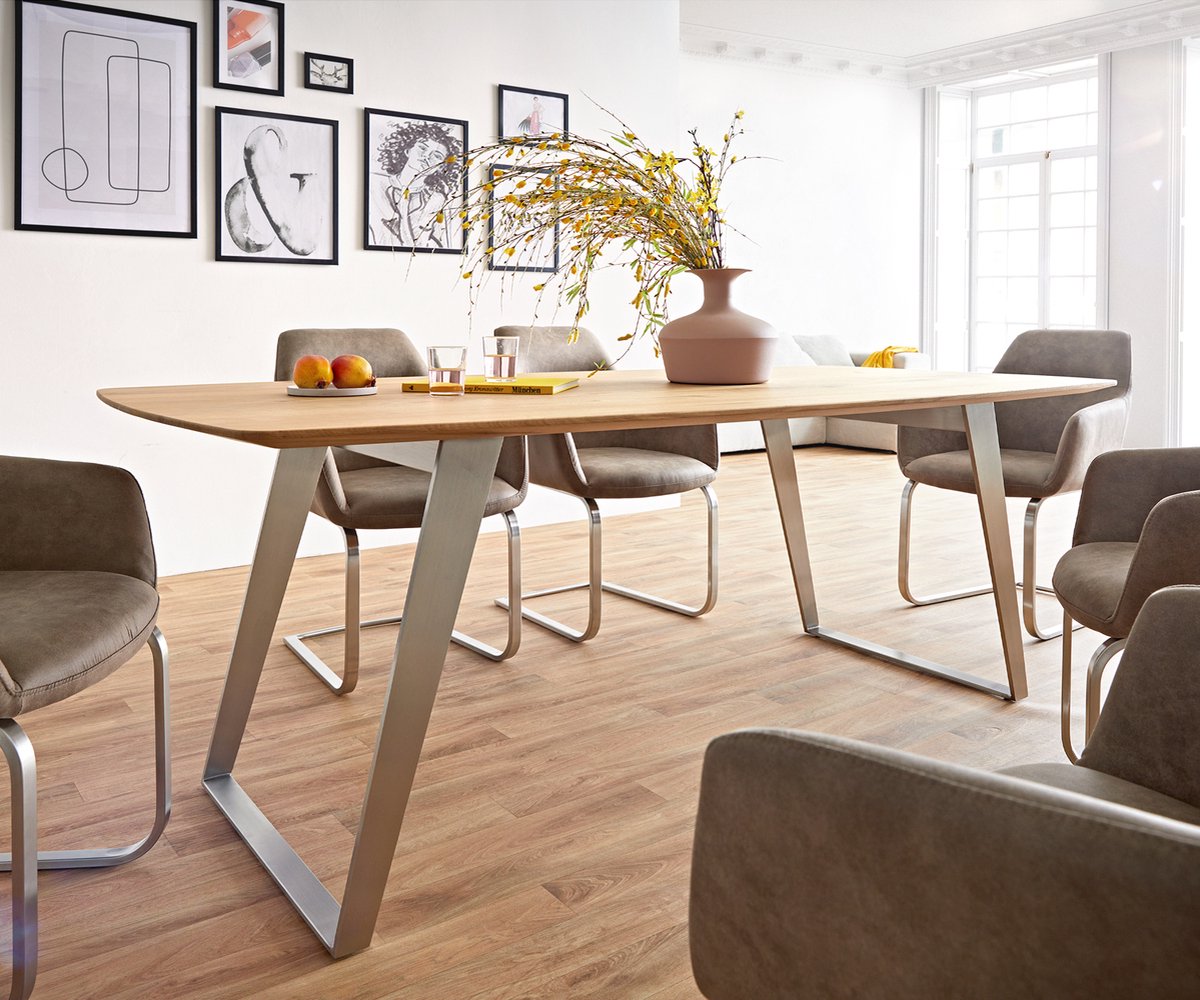 Eetkamertafel Edge Boot eiken natuur 200x100x2,5-3 roestvrij staal schuin