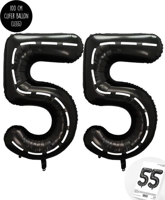 Cijfer Helium Folie Ballon XXL - 55 jaar cijfer - Zwart - Wit - Race Thema - Formule1 - 100 cm - Snoes