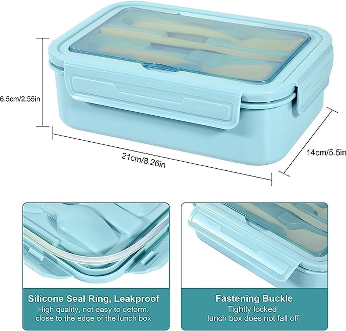 Boîte à lunch de 1400 ml pour enfants et adultes, boîte à lunch Bento box  avec 3 compartiments et couverts, boîte à collations micro-ondes chauffée  (kaki)