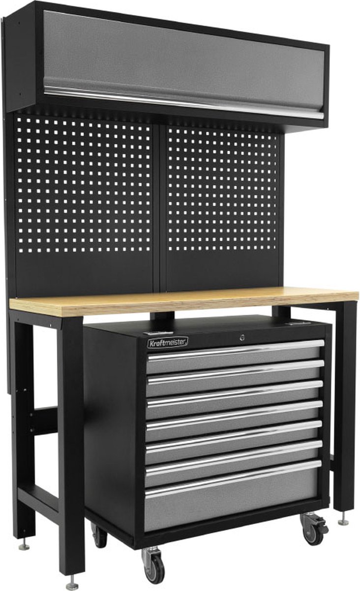 Kraftmeister werkbank met wandkast en gereedschapswagen Multiplex 136 cm grijs